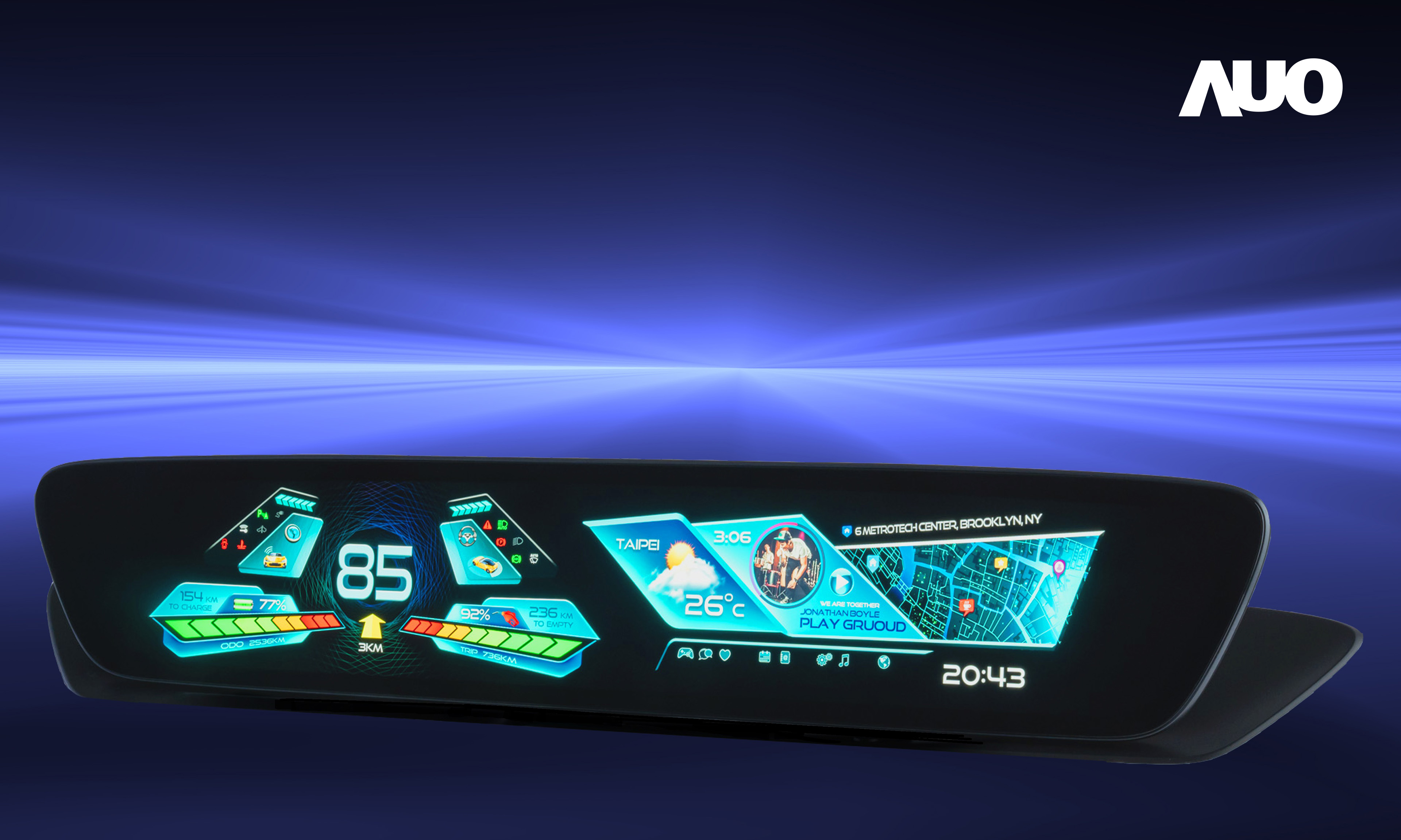 友達30.4吋異形曲面AmLED車載顯示系統，為一兼具儀表板及中控台人機介面的創新車載顯示系統，結合美學設計，提升車內科技沉浸感及使用體驗，讓車載顯示的未來應用更加多元化