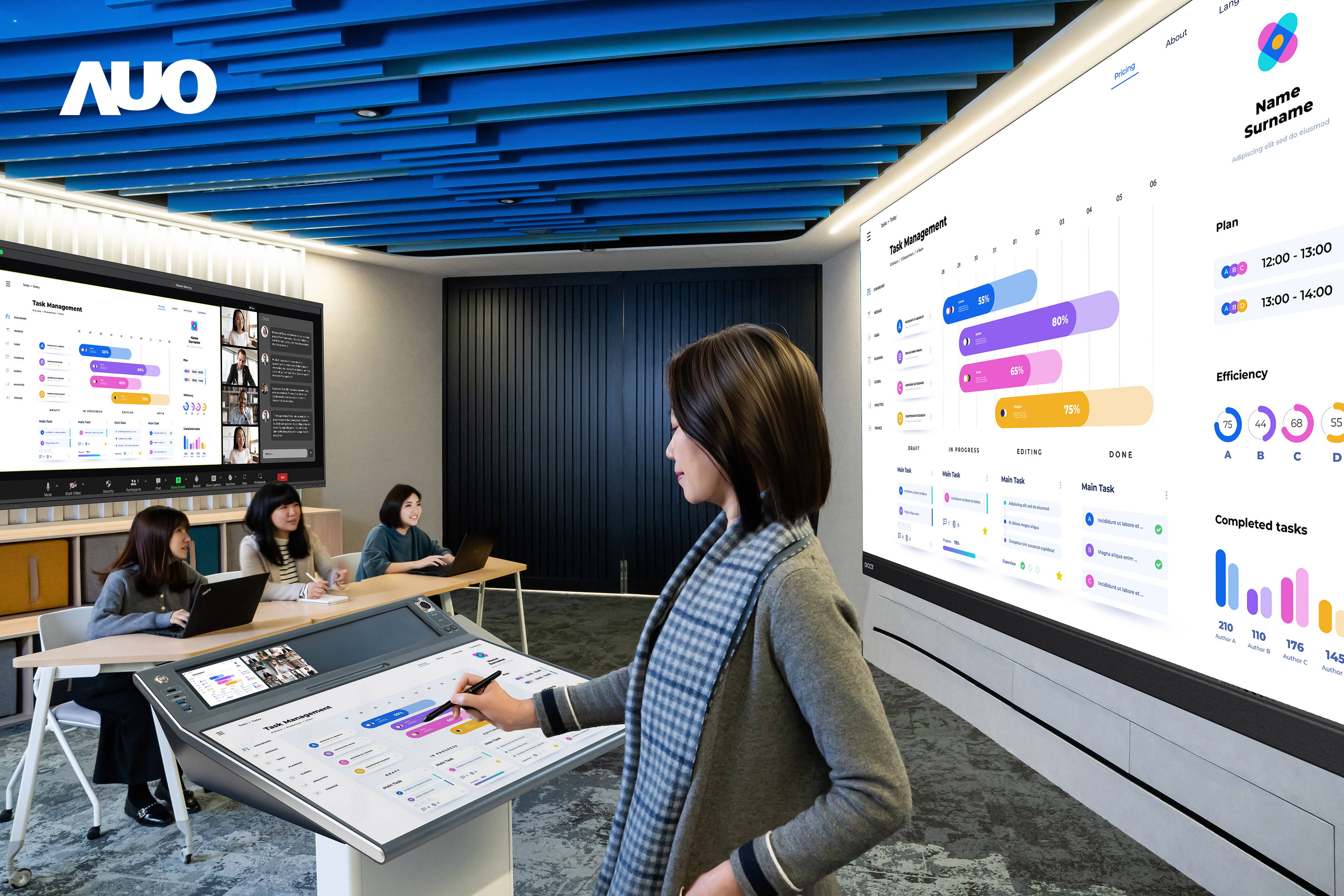 达擎携手Avocor与Rise Vision展示全方位商务领域应用，包含采用模块化设计的138吋一体式All-in-One LED显示器及具21:9超宽比例的92吋交互式电子白板（IFPD），讲者可轻松分享内容，有效提升会议协作效率。